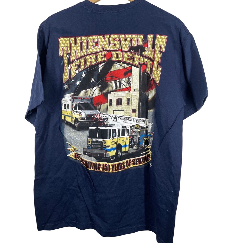 Thiensville Fire Dept WI 150 Years Service T-Shirt Mens L Navy Blue Graphic